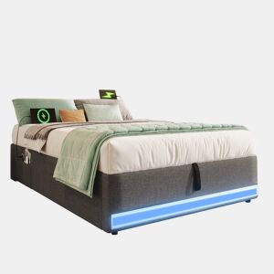 Cama estofada 90*200 cm - Com LED, USB, Tipo C, Armazenamento hidráulico - Cinza