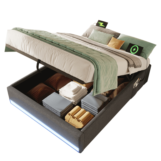 Cama estofada 90*200 cm - Com LED, USB, Tipo C, Armazenamento hidráulico - Cinza