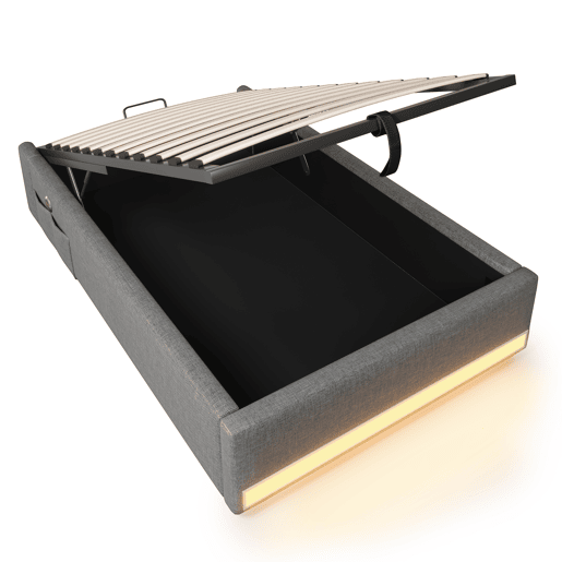 Cama estofada 90*200 cm - Com LED, USB, Tipo C, Armazenamento hidráulico - Cinza