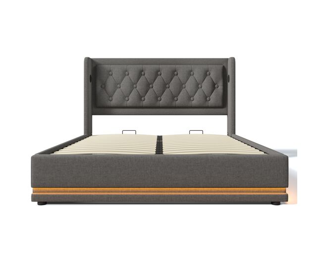 Cama tapizada 160*200 cm - cabezal acolchado, cama de almacenamiento hidráulica con función led, carga usb tipo-c - gris