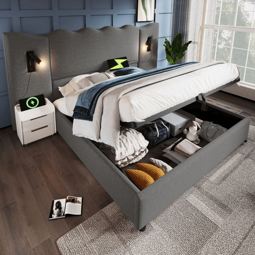 Cama estofada 160x200 com lâmpada de leitura, porta USB Type-C e arrumação - Cinza