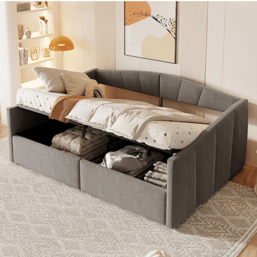 Sofá-cama 140*200 cm - Com armazenamento hidráulico, com estrado e apoios de braços, riscas clássicas, versátil duplo, tecido de veludo, cinzento