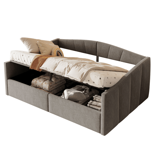 Sofá-cama 140*200 cm - Com armazenamento hidráulico, com estrado e apoios de braços, riscas clássicas, versátil duplo, tecido de veludo, cinzento