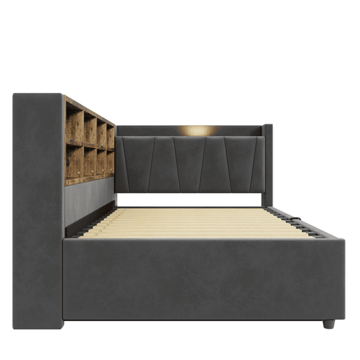 Sofá-cama 90x200 cm - Com armazenamento hidráulico, luz noturna, portas USB e Tipo-C, prateleiras e compartimentos, cabeceira acolchoada, multifuncional, tecido de veludo - Cinza escuro