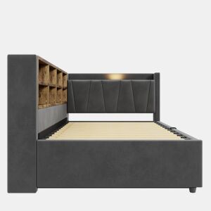 Sofá-cama 90x200 cm - Com armazenamento hidráulico, luz noturna, portas USB e Tipo-C, prateleiras e compartimentos, cabeceira acolchoada, multifuncional, tecido de veludo - Cinza escuro