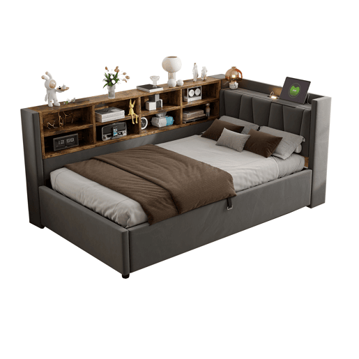 Sofá-cama 90x200 cm - Com armazenamento hidráulico, luz noturna, portas USB e Tipo-C, prateleiras e compartimentos, cabeceira acolchoada, multifuncional, tecido de veludo - Cinza escuro