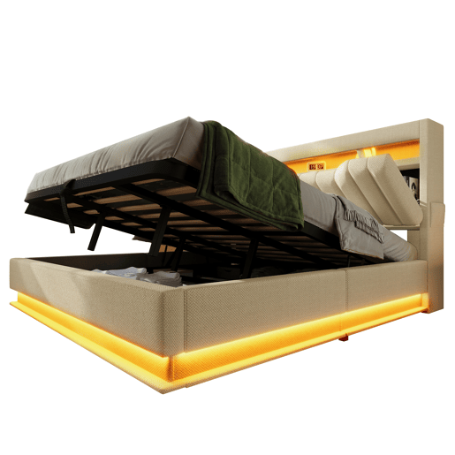 Cama estofada 160x200 cm - Cabeceira com arrumação, portas USB e Tipo-C, iluminação LED, bege, linho