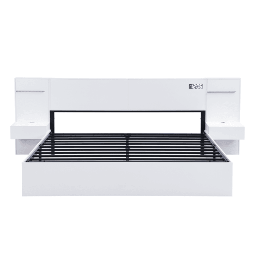 Cama de casal 180x200cm - com USB, relógio eletrónico, altifalantes Bluetooth, luz LED e 2 mesas de cabeceira - Branco