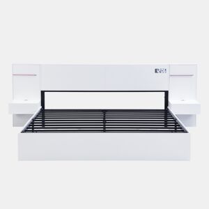 Cama de casal 180x200cm - com USB, relógio eletrónico, altifalantes Bluetooth, luz LED e 2 mesas de cabeceira - Branco