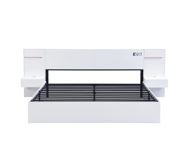 Cama doble 180x200cm - con usb, reloj electrónico, altavoces bluetooth, luz led y 2 mesitas de noche - blanco