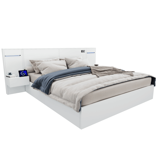 Cama de casal 180x200cm - com USB, relógio eletrónico, altifalantes Bluetooth, luz LED e 2 mesas de cabeceira - Branco