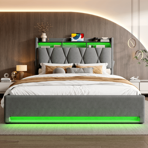 Estrutura de cama estofada 140x200 cm - Iluminação LED, carregamento USB Tipo C, arrumação debaixo da cama, cabeceira com arrumação, estrutura hidráulica - Cinza