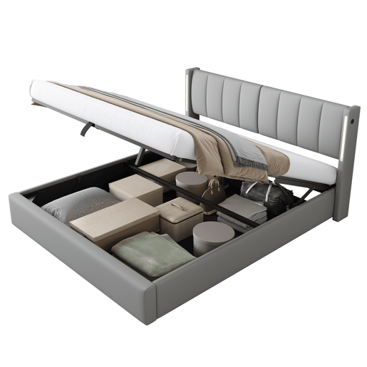 Cama estofada 140 x 200 cm - hidráulica, LED, USB recarregável, com arrumação, cabeceira ajustável, PU - cinzenta