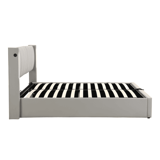 Cama estofada 140 x 200 cm - hidráulica, LED, USB recarregável, com arrumação, cabeceira ajustável, PU - cinzenta