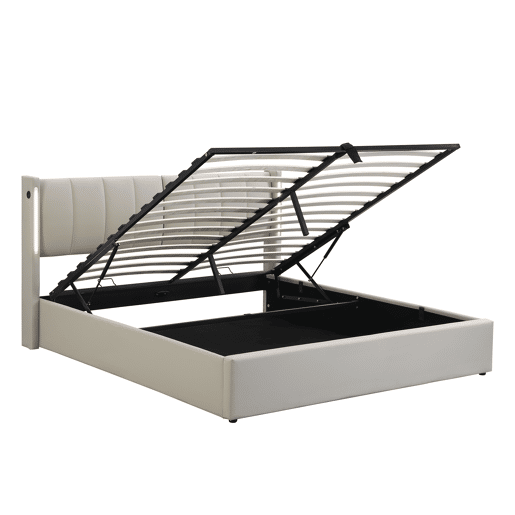 Cama estofada 140 x 200 cm - hidráulica, LED, USB recarregável, com arrumação, cabeceira ajustável, PU - cinzenta