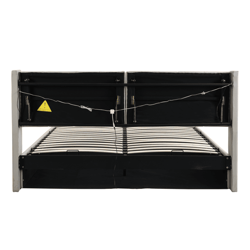 Cama estofada 140 x 200 cm - hidráulica, LED, USB recarregável, com arrumação, cabeceira ajustável, PU - cinzenta