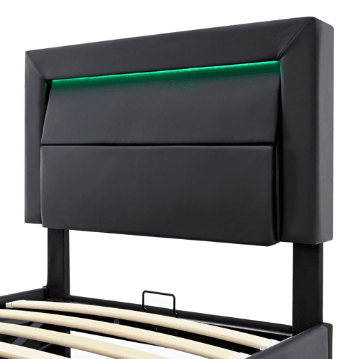 Cama estofada 90 x 190 cm - com USB, carregamento sem fios e com fios, LED e armazenamento - Preto
