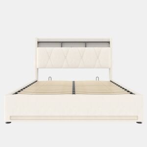 Estrutura da cama 160x200 cm - Com iluminação LED, carregamento USB Tipo C, arrumação embaixo, cabeceira com arrumação, hidráulica - Bege