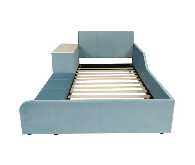 Cama individual 90x200cm - cama con escritorio y taburete para niños, con estante, cabecero suave, listones de madera, terciopelo - azul