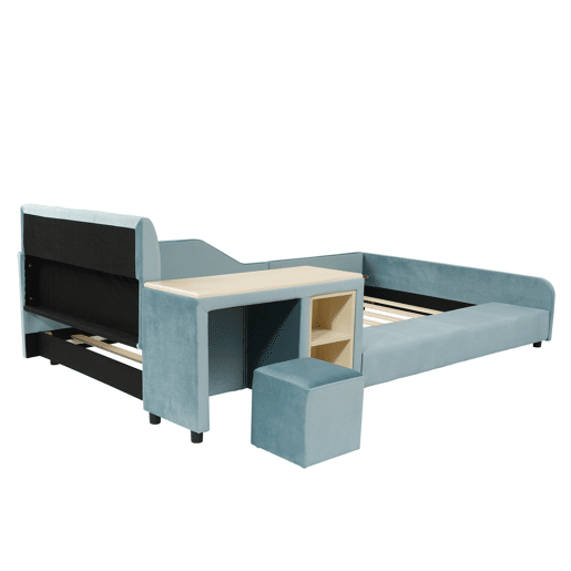 Cama individual 90x200cm - Cama com secretária e banco para crianças, com prateleira, cabeceira macia, ripas de madeira, veludo - Azul