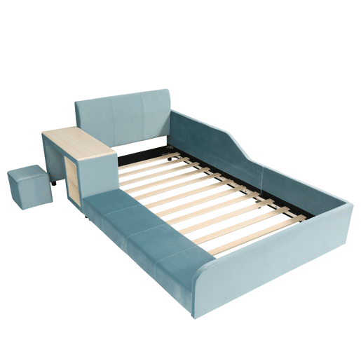 Cama individual 90x200cm - Cama com secretária e banco para crianças, com prateleira, cabeceira macia, ripas de madeira, veludo - Azul