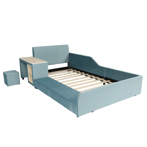Cama individual 90x200cm - Cama com secretária e banco para crianças, com prateleira, cabeceira macia, ripas de madeira, veludo - Azul