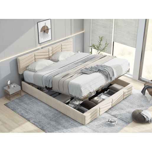 Cama estofada 140x190 cm - com cabeceira ajustável em altura, estrado de ripas de madeira, fácil montagem, veludo holandês - Bege