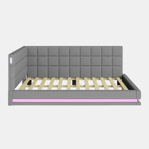 Sofá-cama 160x200 - Multifuncional com faixa de luz LED, porta USB e estrado, tecido de linho - Cinza