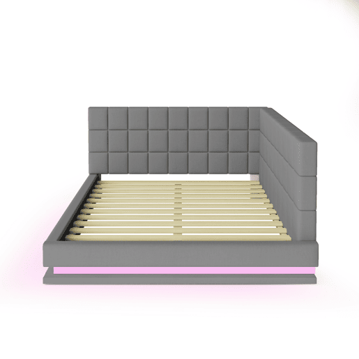 Sofá-cama 160x200 - Multifuncional com faixa de luz LED, porta USB e estrado, tecido de linho - Cinza