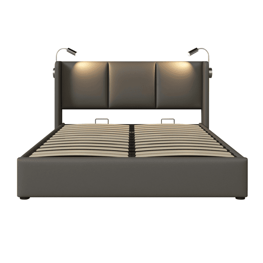 Cama Polsterbett 160x200 - Com arrumação, cabeceira com luz e função de carregamento - Cinza
