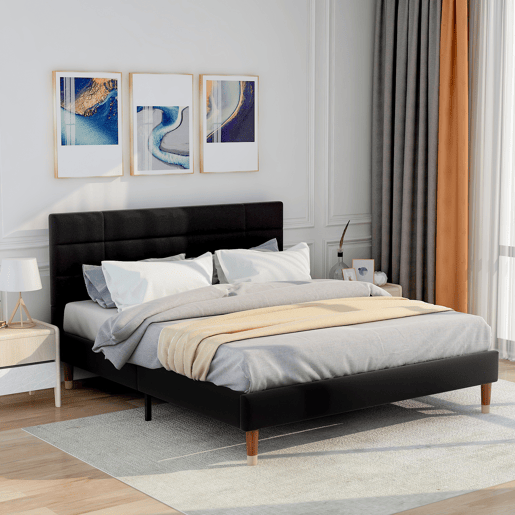 Cama de casal estofada 140x200 cm - com base e cabeceira acolchoada - linho preto - com colchão de molas ensacadas