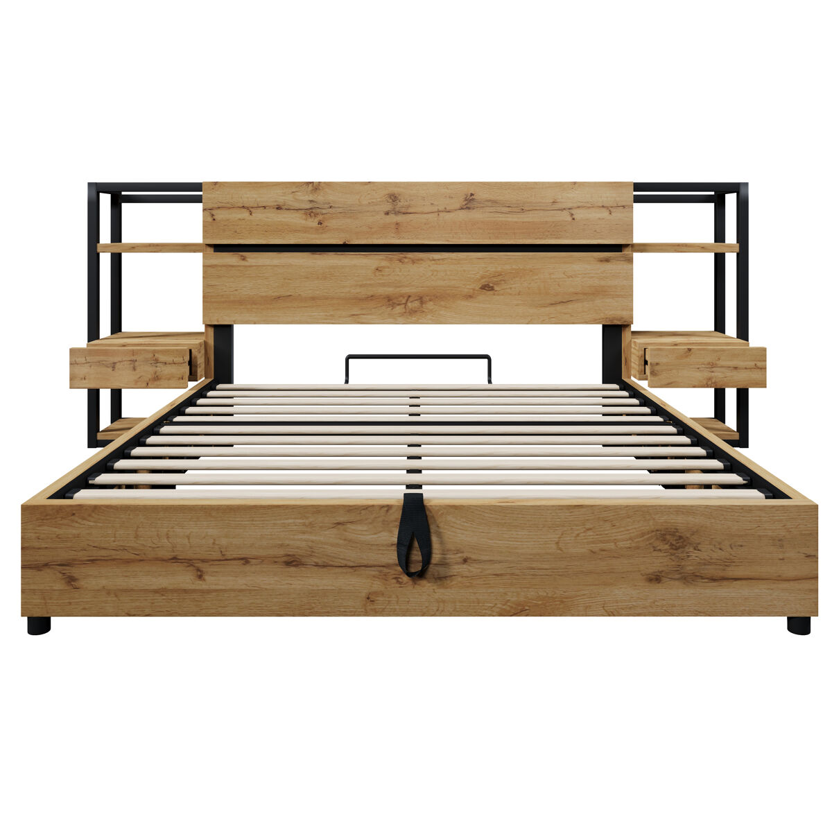 Cama doble 160x200 cm - cama de almacenamiento hidráulica con cabecero con cajones y puertos usb y type-c - color roble