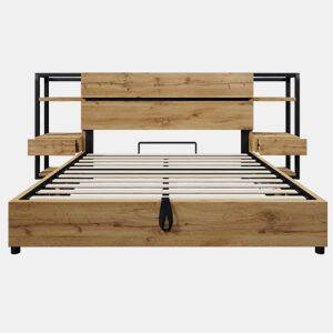 Cama de casal 160x200 cm - Cama com arrumação hidráulica com cabeceira com gavetas e portas USB e Type-C - Cor carvalho