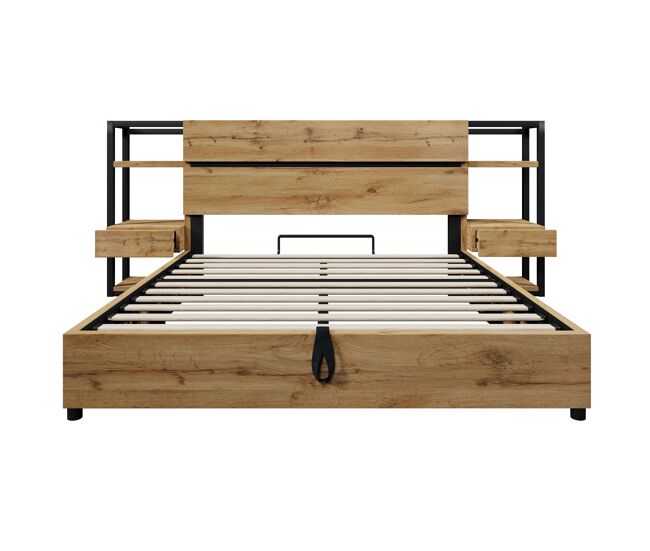 Cama doble 160x200 cm - cama de almacenamiento hidráulica con cabecero con cajones y puertos usb y type-c - color roble