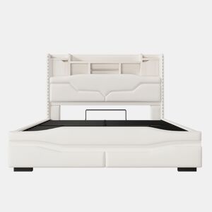Cama Polsterbett 160x200cm - com função de carregamento USB, luz ambiente controlada por comando remoto, cabeceira com arrumação, cama hidráulica, sem colchão, com luzes LED - Cinza