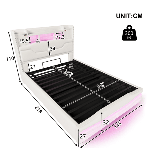 Cama Polsterbett 160x200cm - com função de carregamento USB, luz ambiente controlada por comando remoto, cabeceira com arrumação, cama hidráulica, sem colchão, com luzes LED - Cinza