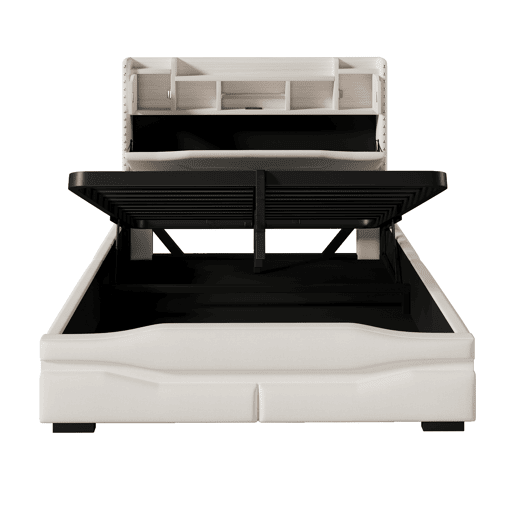 Cama Polsterbett 160x200cm - com função de carregamento USB, luz ambiente controlada por comando remoto, cabeceira com arrumação, cama hidráulica, sem colchão, com luzes LED - Cinza