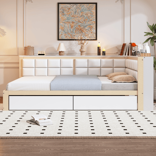 Sofá-cama em madeira 140 x 200 cm - cama multifuncional com encosto acolchoado e gaveta grande para arrumação - pinho cor de madeira