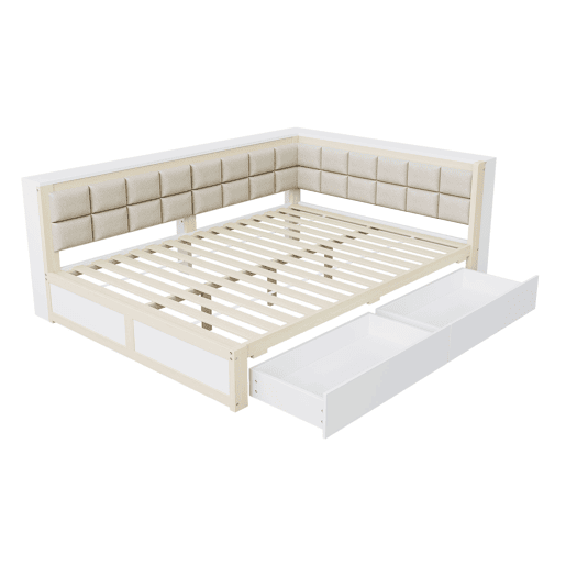 Sofá-cama em madeira 140 x 200 cm - cama multifuncional com encosto acolchoado e gaveta grande para arrumação - pinho cor de madeira