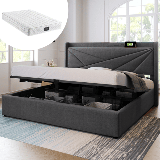 Cama de casal estofada 140x200 - arrumação, gaveta e função de carregamento USB Tipo C - Cinza