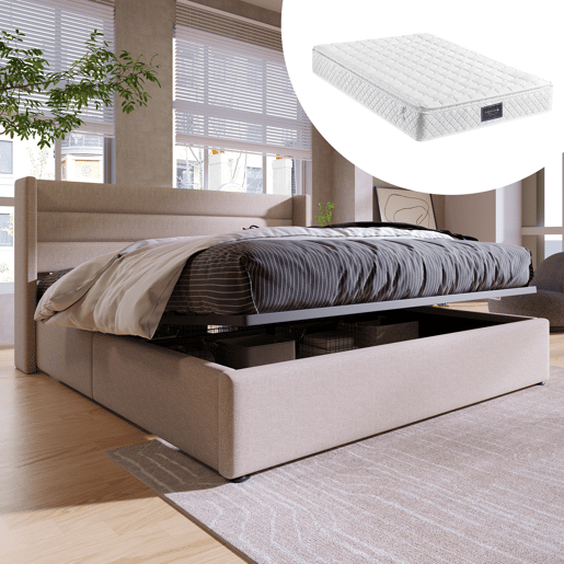 Cama de casal hidráulica 140x200 - Pele sintética e linho, com arrumação, estrado de madeira e metal - Bege