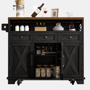 Ilha de cozinha moderna 118×43-80×98 cm - Móvel de cozinha com design em madeira, carrinho com rodas, armazenamento multifuncional, divisórias removíveis, com suporte para toalhas - Preto