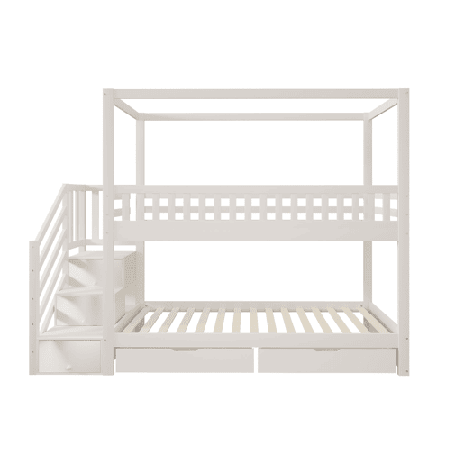 Cama beliche infantil 90*200 cm - Cama dupla em madeira maciça, design em forma de casa, com grade de segurança, escada com arrumação - Branco