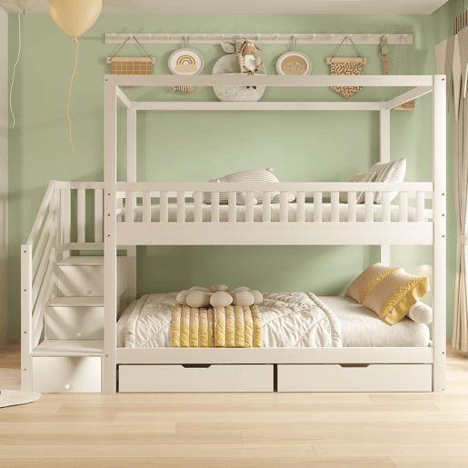 Cama beliche infantil 90*200 cm - Cama dupla em madeira maciça, design em forma de casa, com grade de segurança, escada com arrumação - Branco