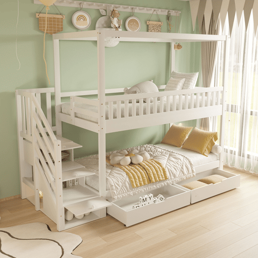 Cama beliche infantil 90*200 cm - Cama dupla em madeira maciça, design em forma de casa, com grade de segurança, escada com arrumação - Branco