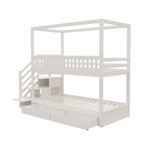 Cama beliche infantil 90*200 cm - Cama dupla em madeira maciça, design em forma de casa, com grade de segurança, escada com arrumação - Branco