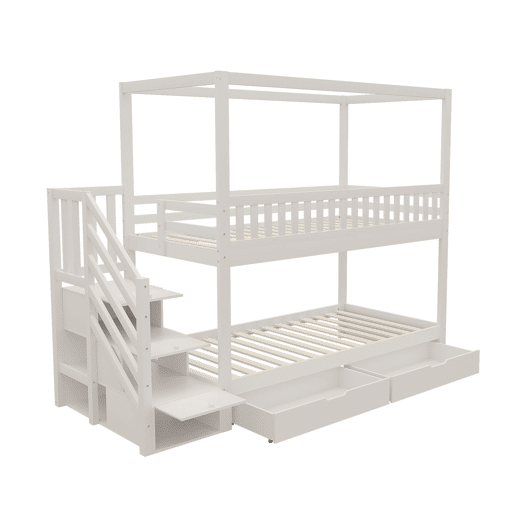 Cama beliche infantil 90*200 cm - Cama dupla em madeira maciça, design em forma de casa, com grade de segurança, escada com arrumação - Branco