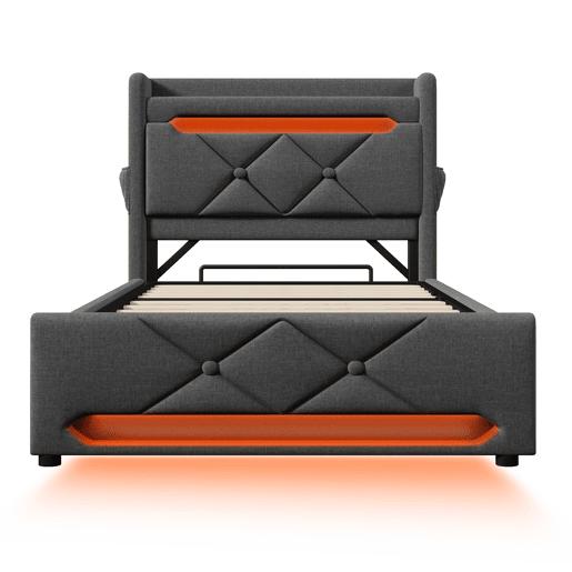 Cama individual 90x200 - Cabeceira com arrumação, portas USB e Tipo C, função LED 360 - Cinza