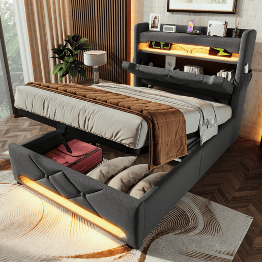 Cama individual 90x200 - Cabeceira com arrumação, portas USB e Tipo C, função LED 360 - Cinza