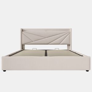 Cama estofada 160x200 - com arrumação, cabeceira e função de carregamento USB Tipo C - Bege